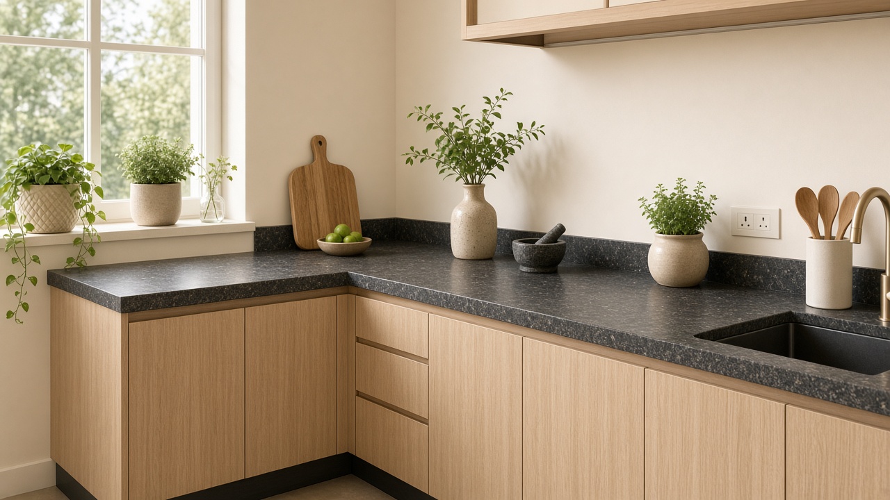 Dark speckled countertop in a warm Bangalore kitchen