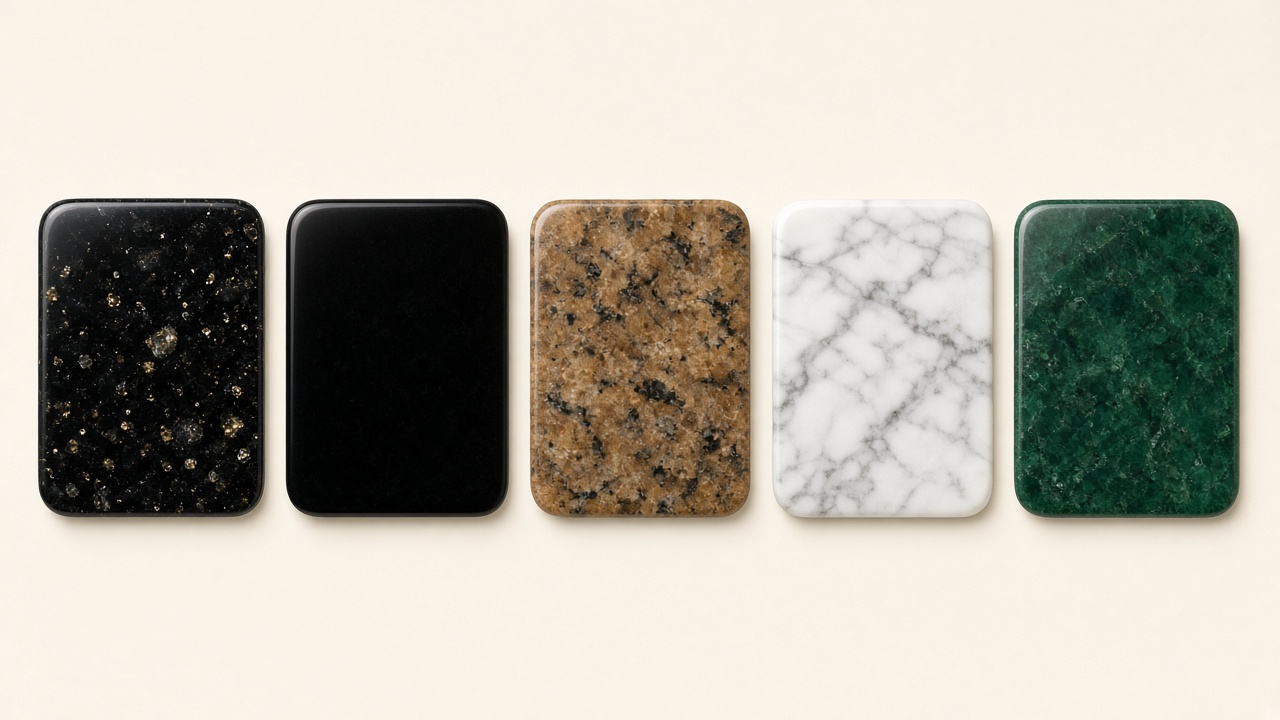 Sample stone finishes: galaxy, black, tan granite, white marble, green